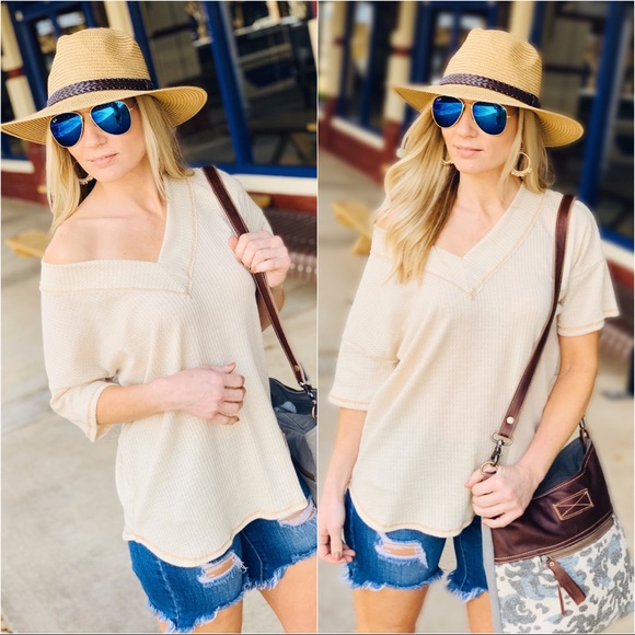 JUST ME WAFFLE KNIT V-NECK TOP-OATMEAL - Picture 3 of 5